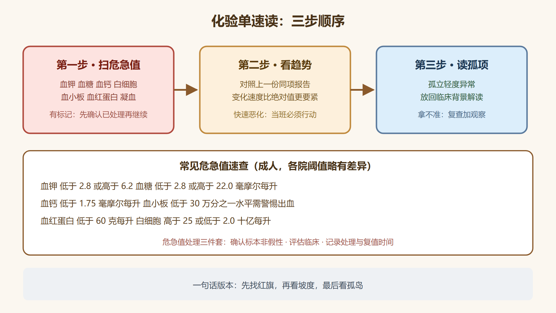 图 1-3：化验单速读看板——三步顺序与危急值