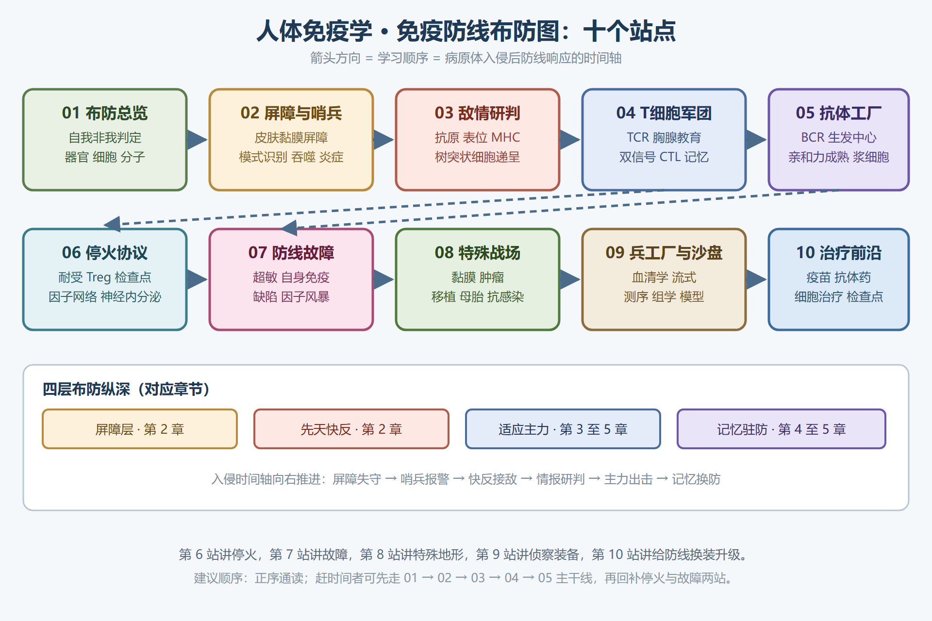 图 0-1：全册知识地图——病原体入侵时的逐层布防