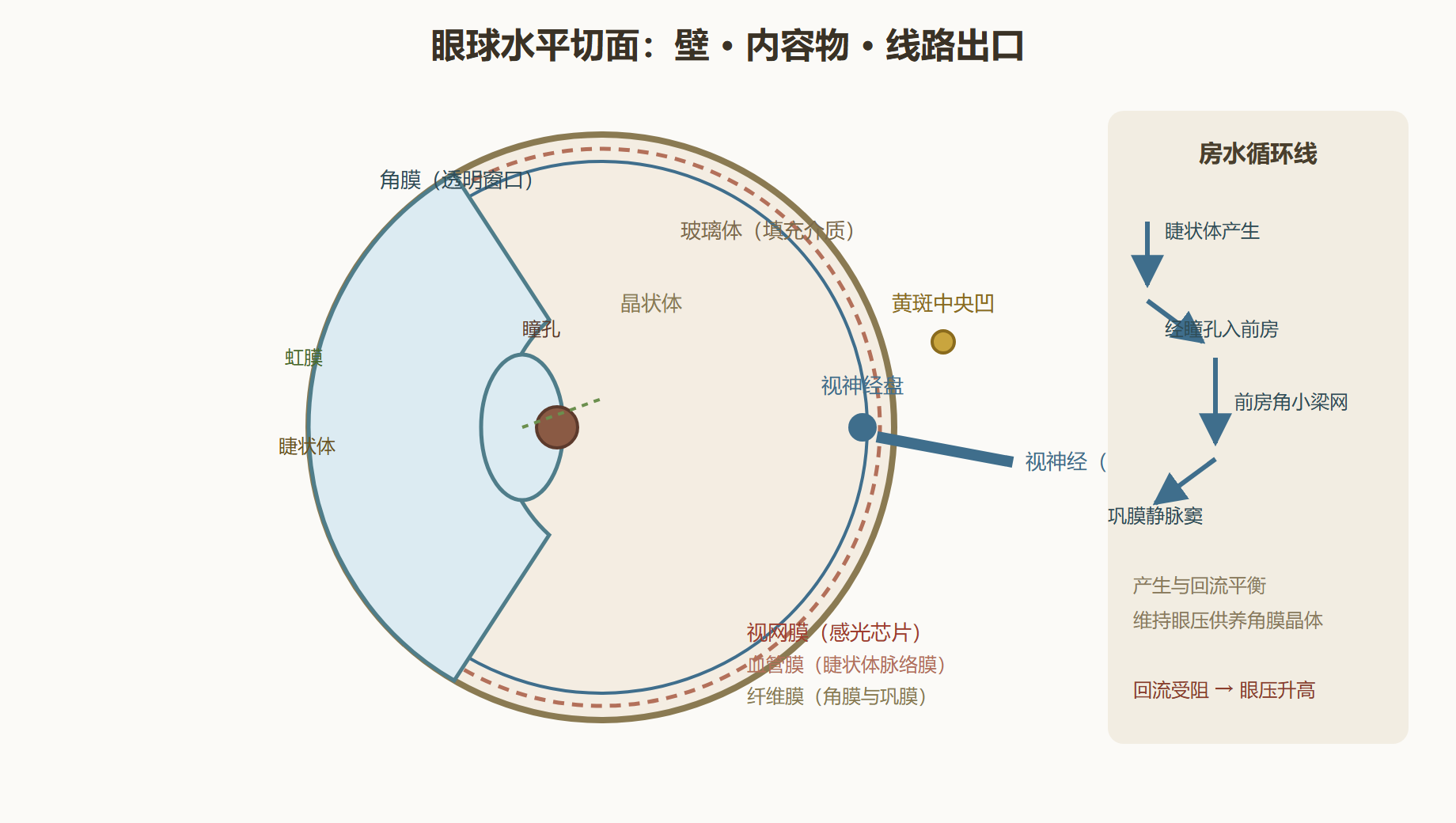图 5-1：眼球水平切面：三层壁与三内容物