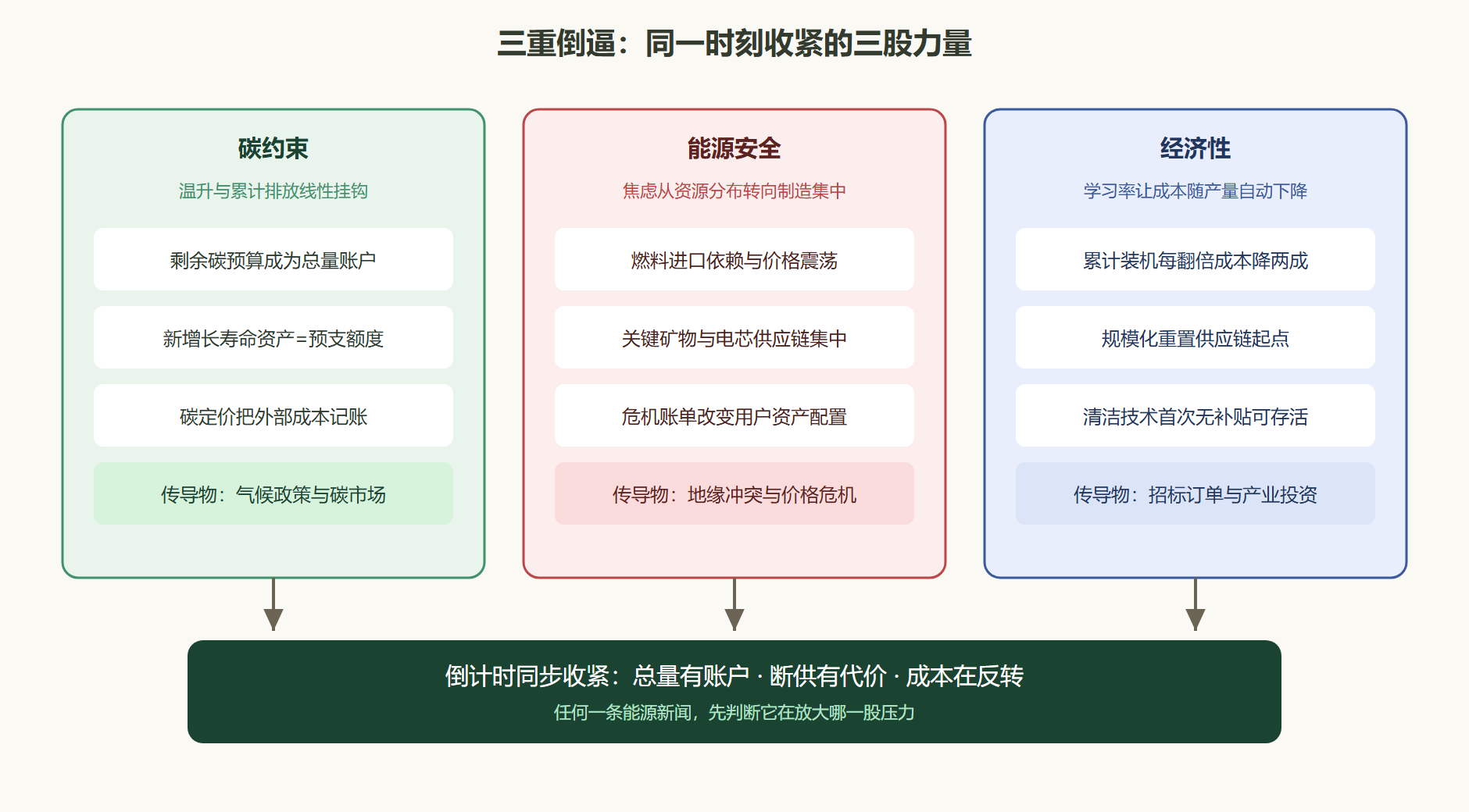 图 1-2:三重倒逼的传导路径——从压力源到倒计时牌