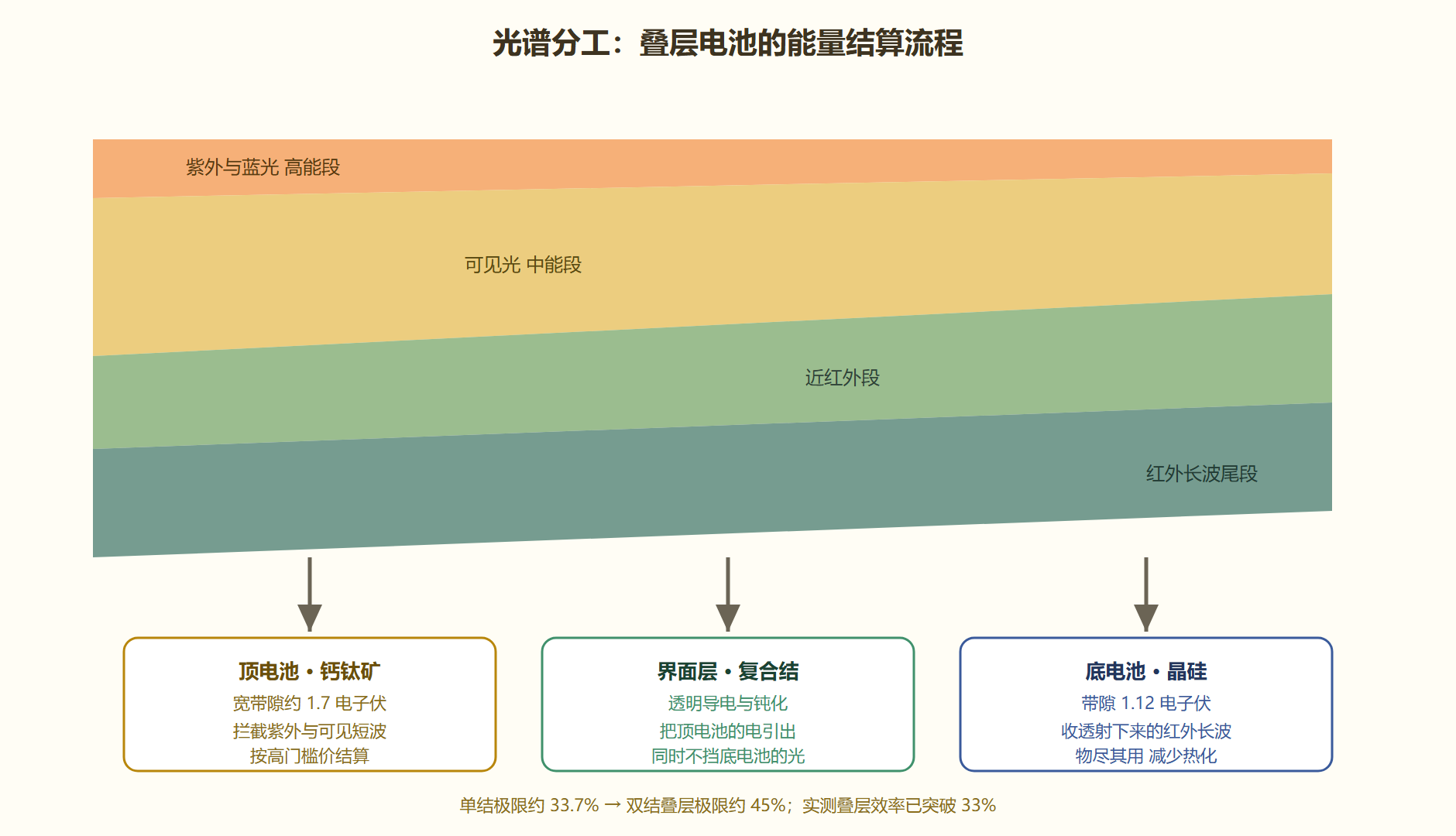 图 2-1：叠层电池的光谱分工——把太阳光按能段拆开结算