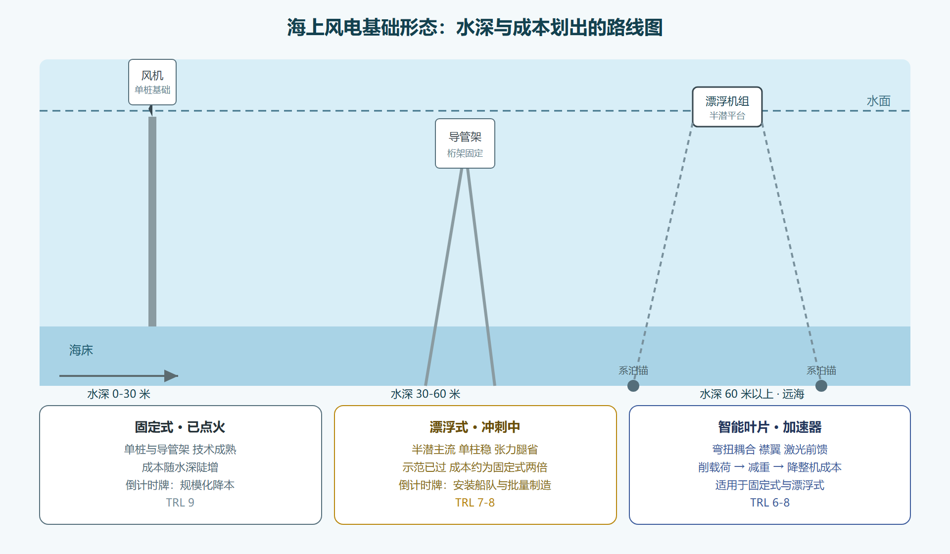 图 2-2:海上风电的基础形态谱系——水深划出的三条路线