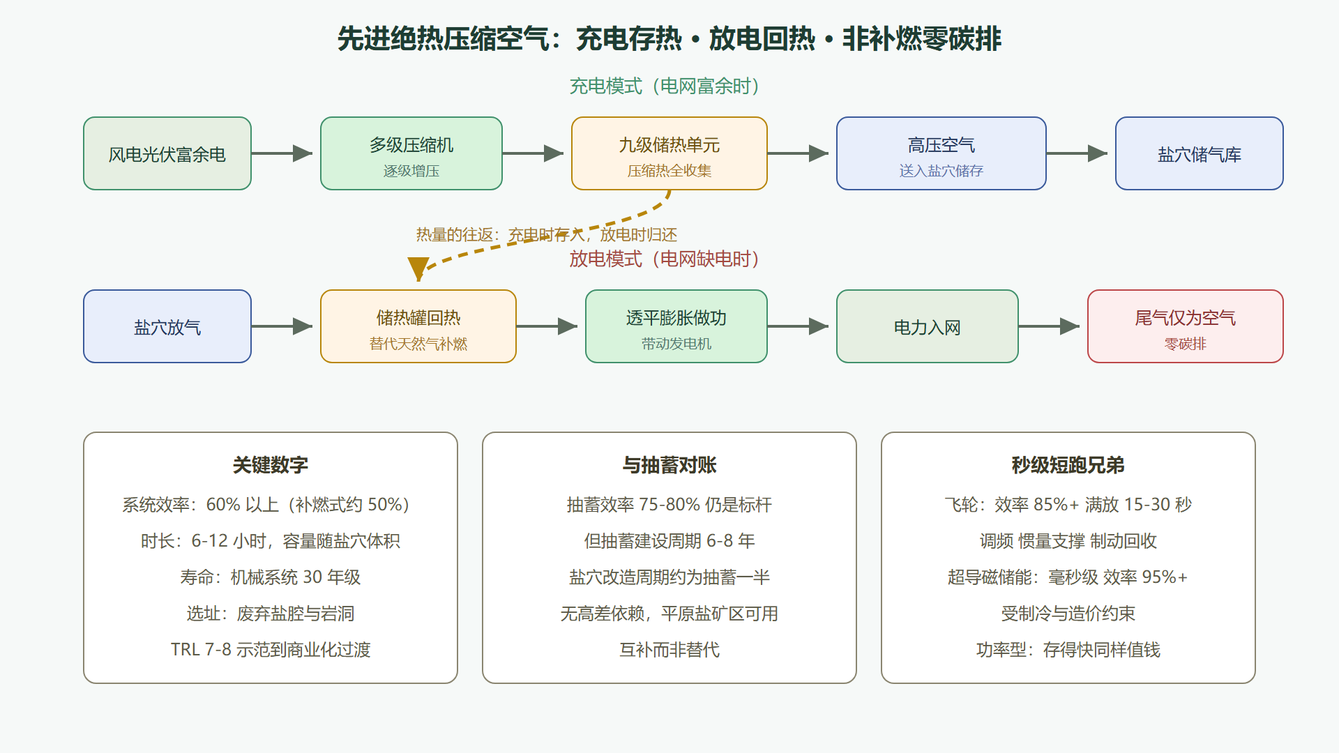 图 4-2：先进绝热压缩空气储能的工作流程——把压缩热存起来还给透平
