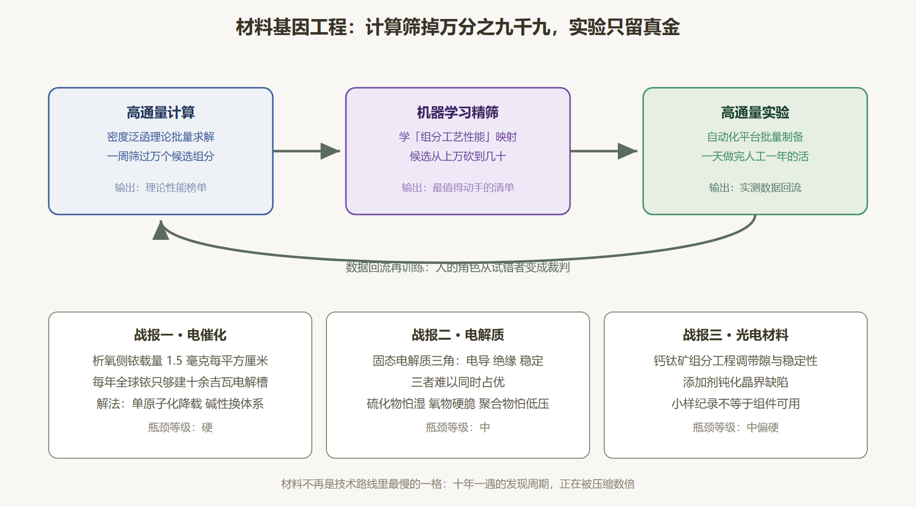 图 7-1：材料基因工程流水线——从炒菜式试错到闭环筛选