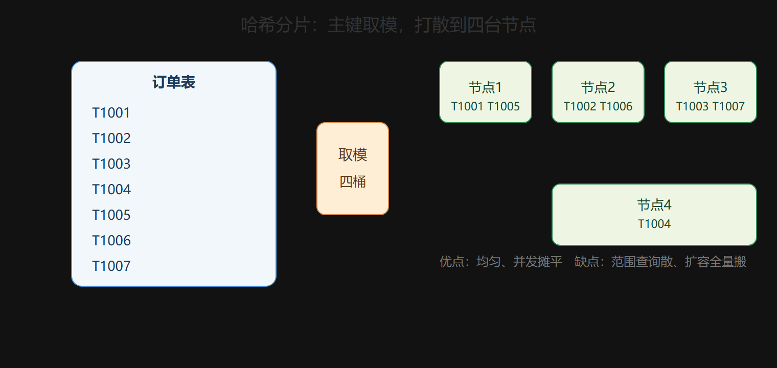 哈希分片：一张表平摊到四台节点