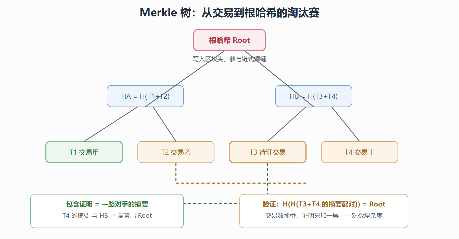 图 2-4 Merkle 树与包含证明的路径