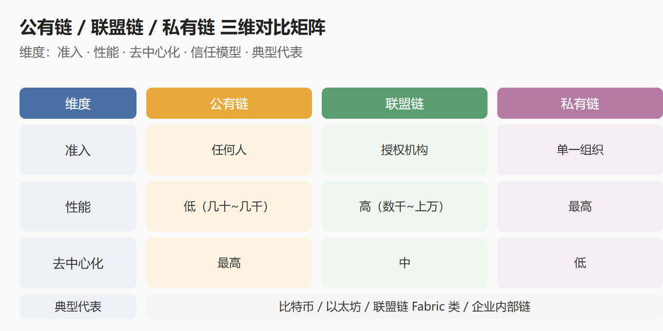 图:公有链/联盟链/私有链三维对比矩阵
