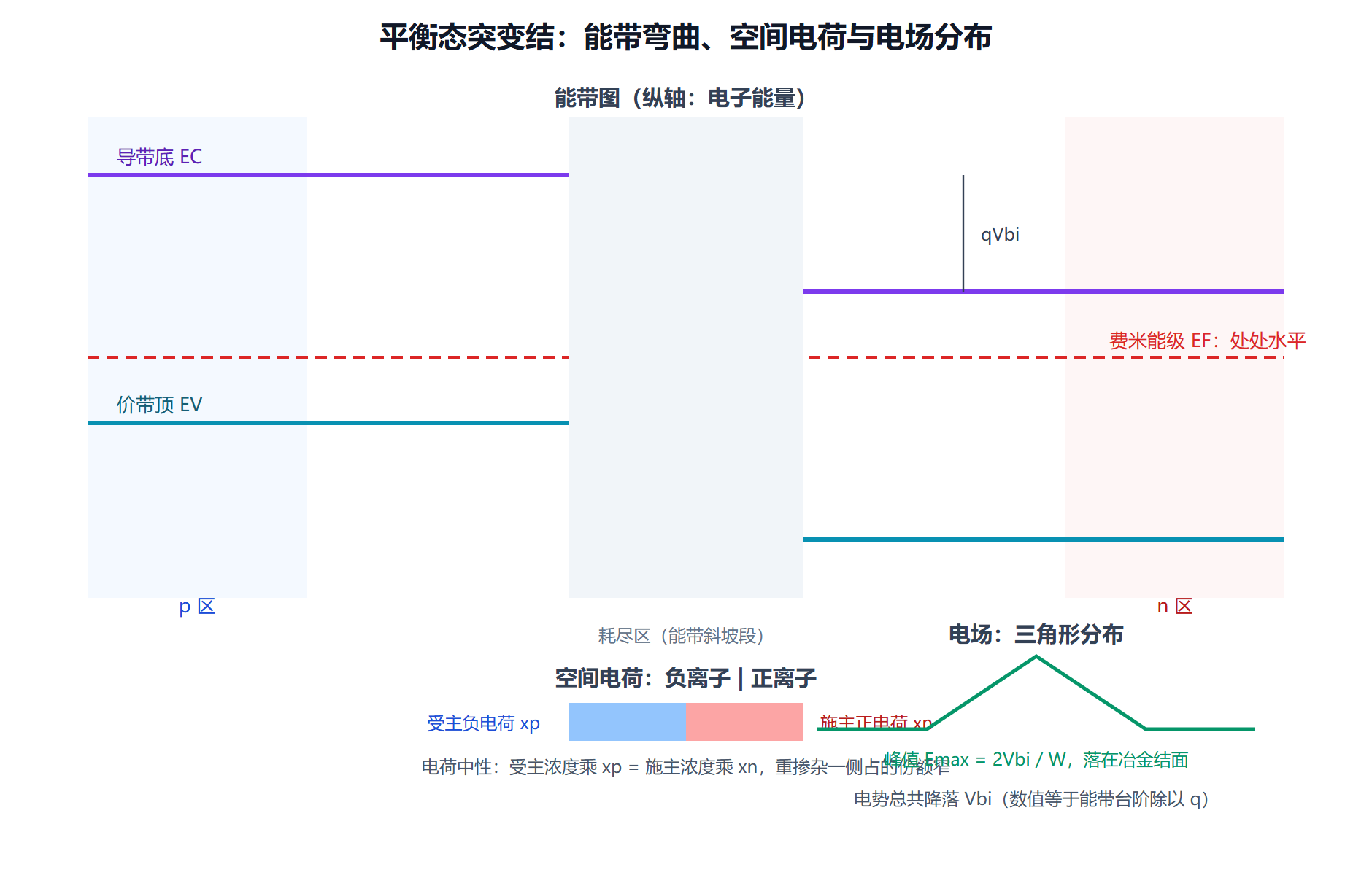 图:平衡态 pn 结三联图——能带、电荷与电场电势