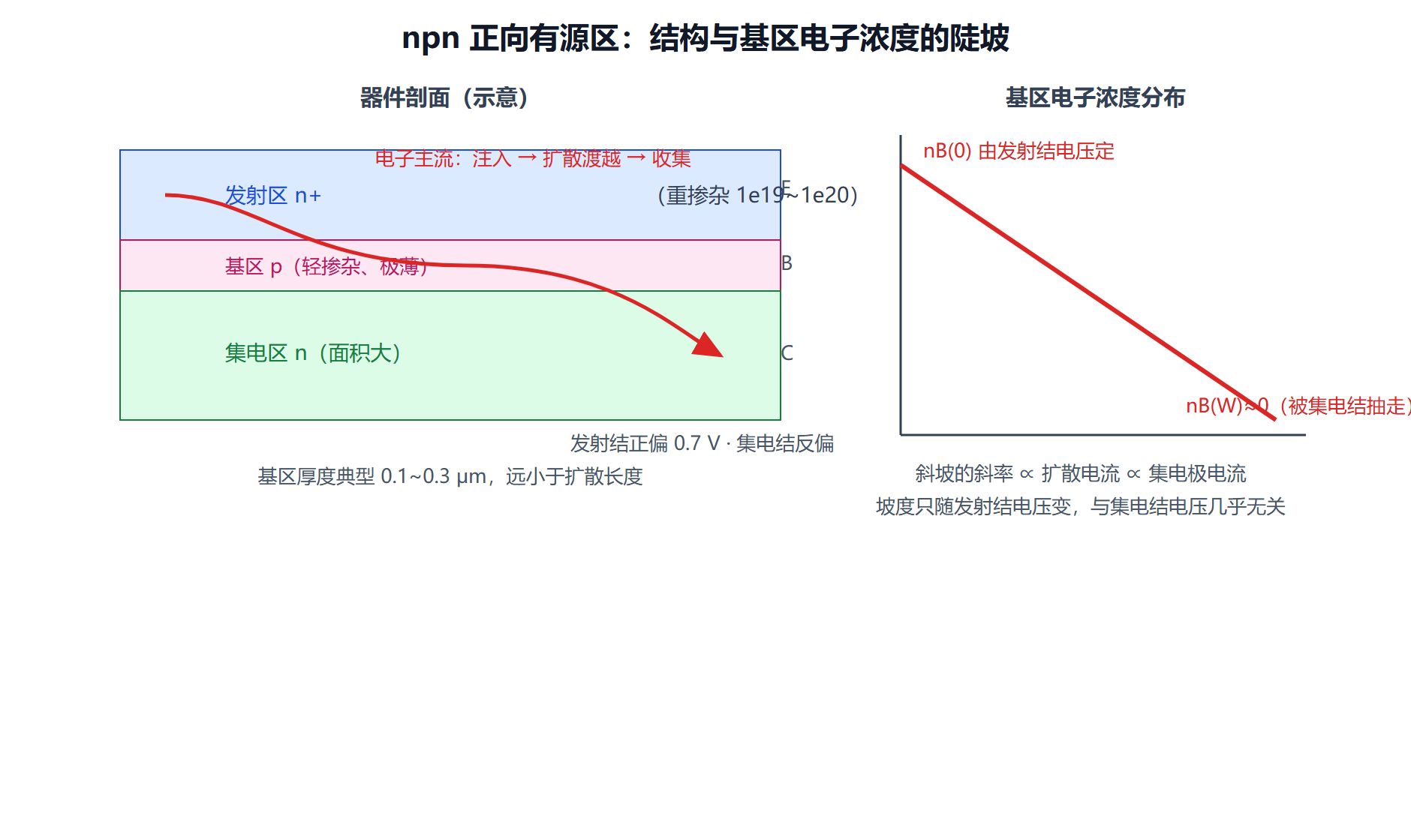 图:npn 晶体管结构与基区少子分布