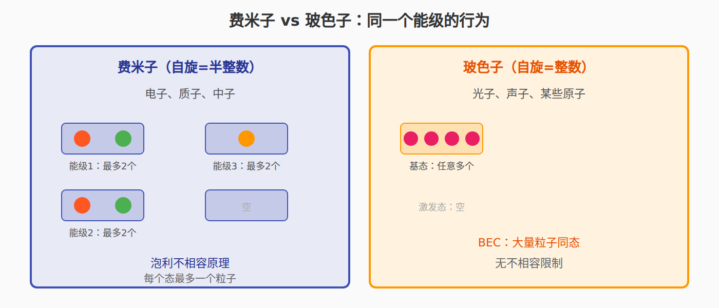 图：费米子 vs 玻色子的统计对比