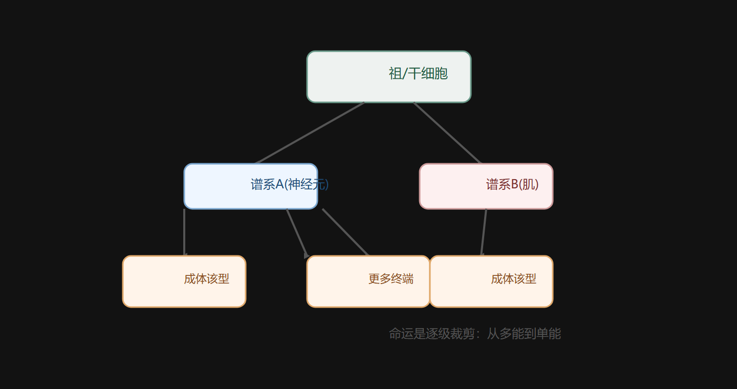 图 3-3 命运树：一个祖细胞往下分叉出多种终端