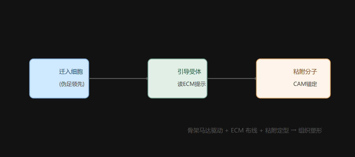 图 3-4 细胞迁移：马达牵引 + ECM 轨道 + 粘附引导