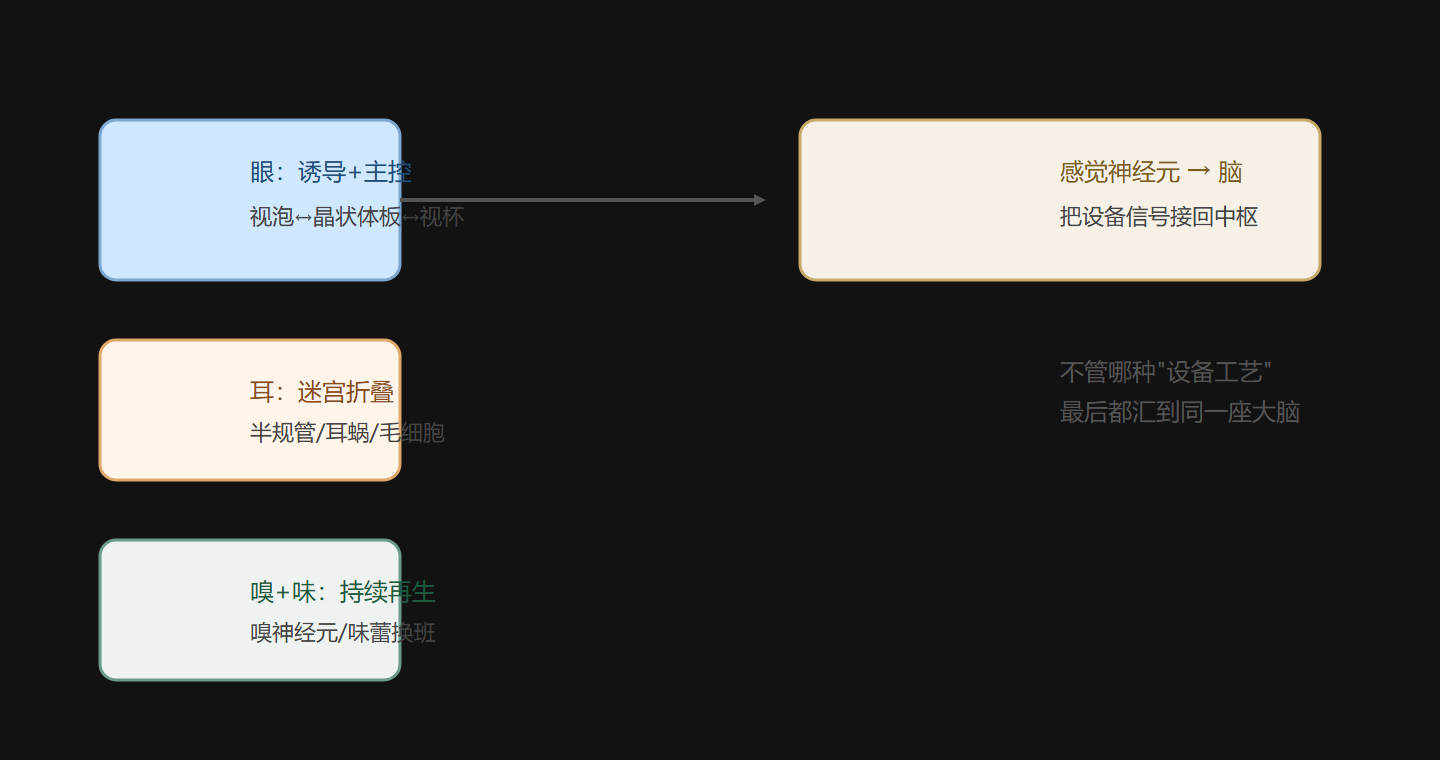 图 4-7 感官 = 接收设备 + 接回脑：四种工艺各取所需