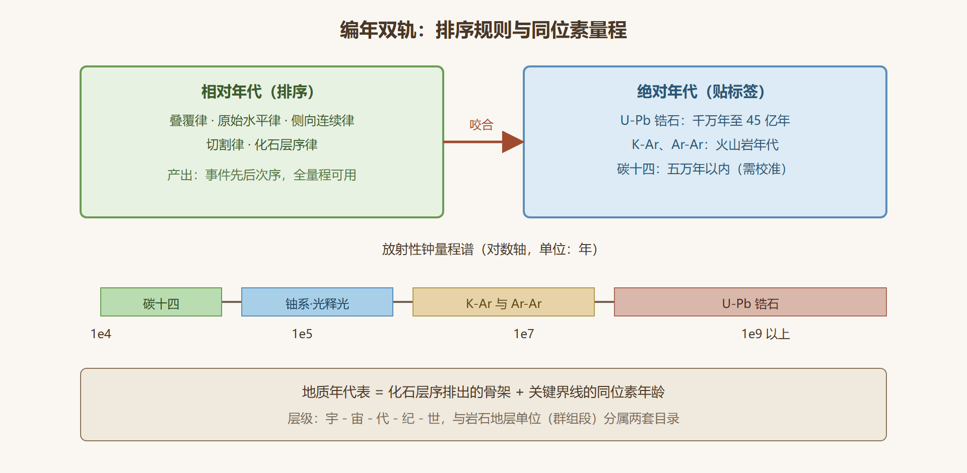图1-4 双轨编年:相对排序与放射性标尺的量程分工