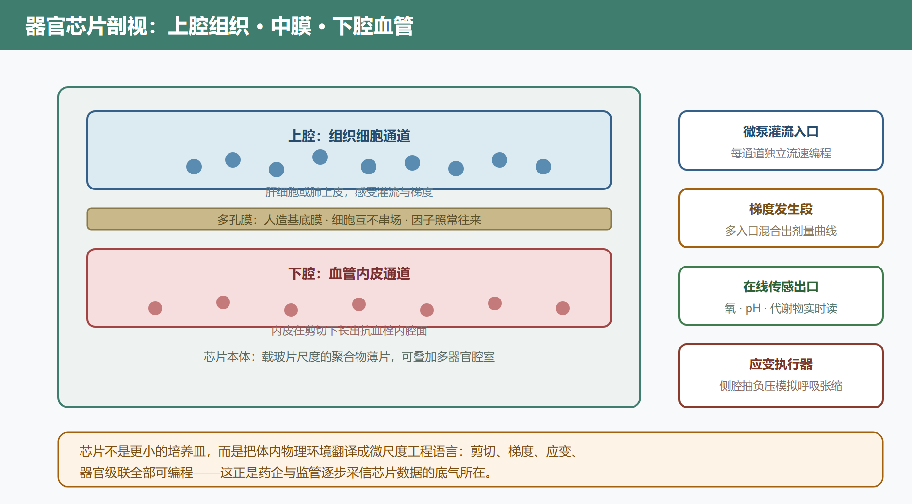 图 4-2 双通道器官芯片剖视与流体路径