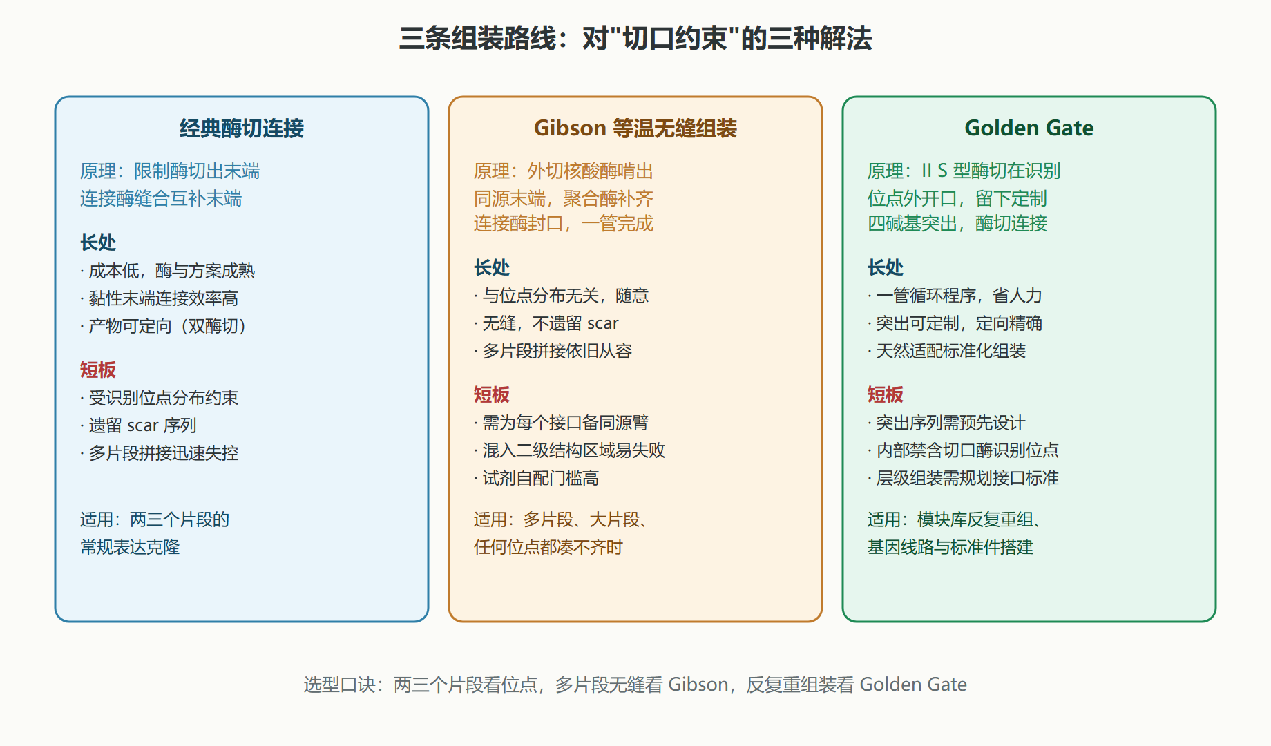 图：三条组装路线的原理与取舍对比