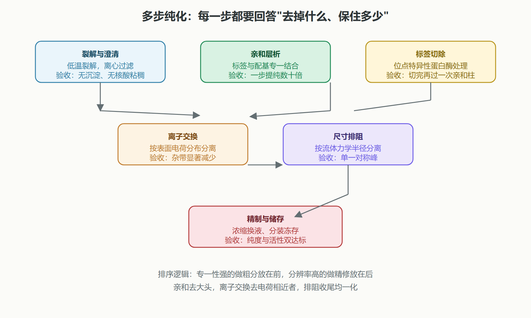 图:多步纯化流程与每步验收指标