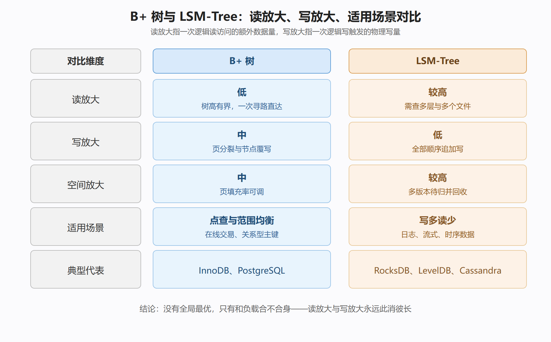 图:B+ 树与 LSM-Tree 的取舍对比
