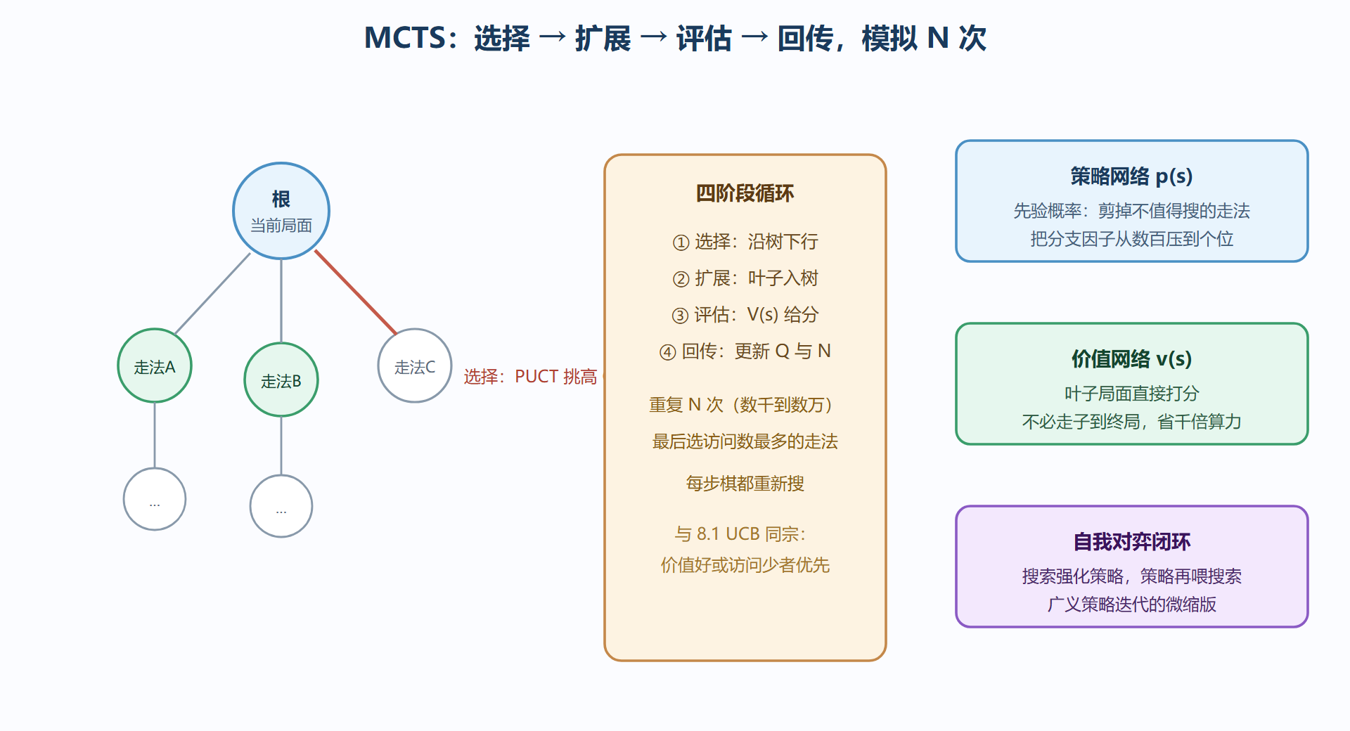 图：MCTS 四阶段循环与两个网络的剪枝分工