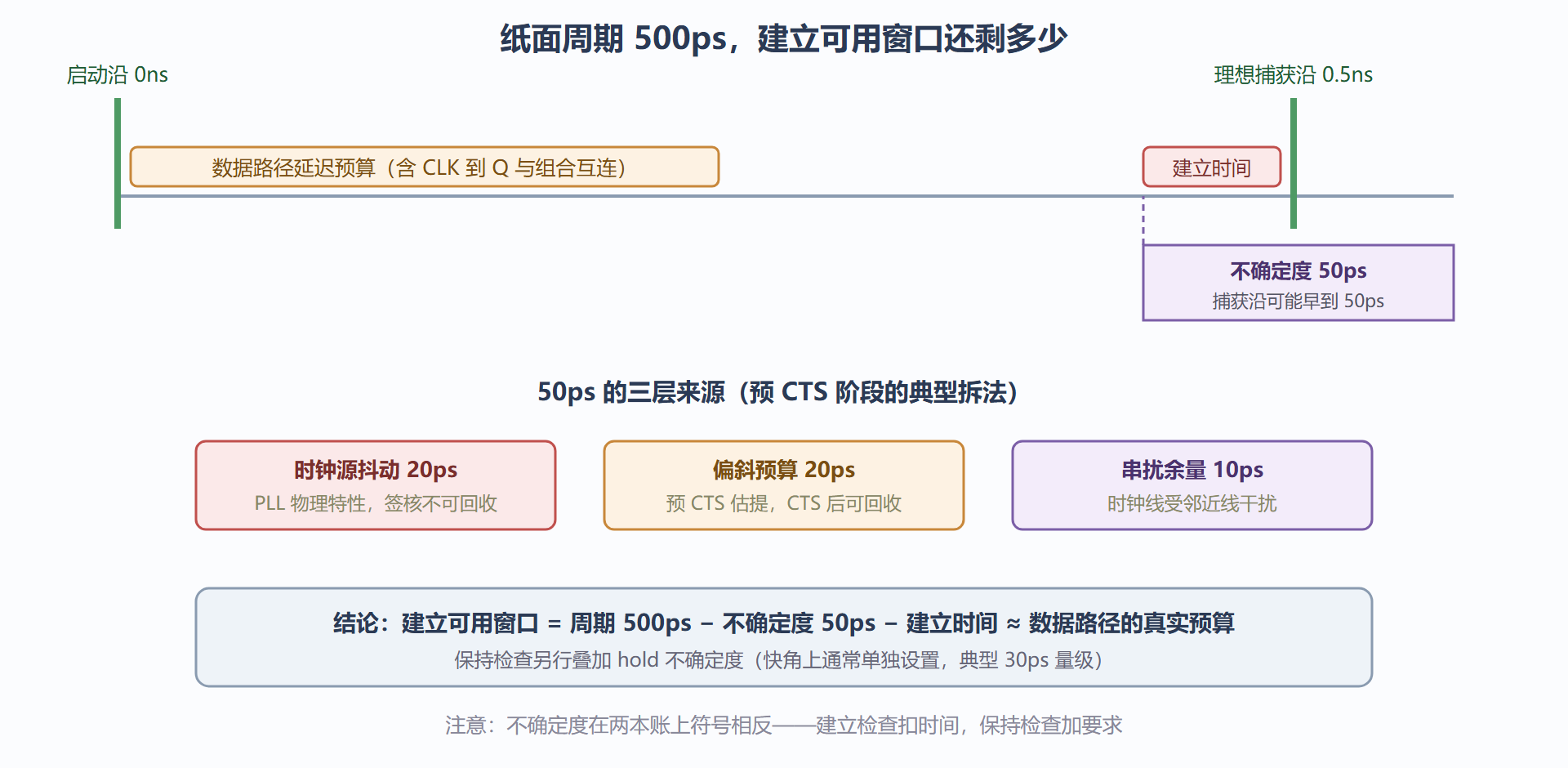 图：0.5ns 周期下建立窗口被不确定度侵蚀的构成