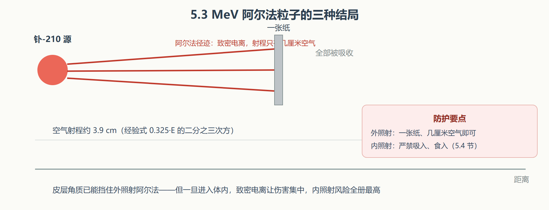 图 2-1 阿尔法粒子穿透力与射程示意