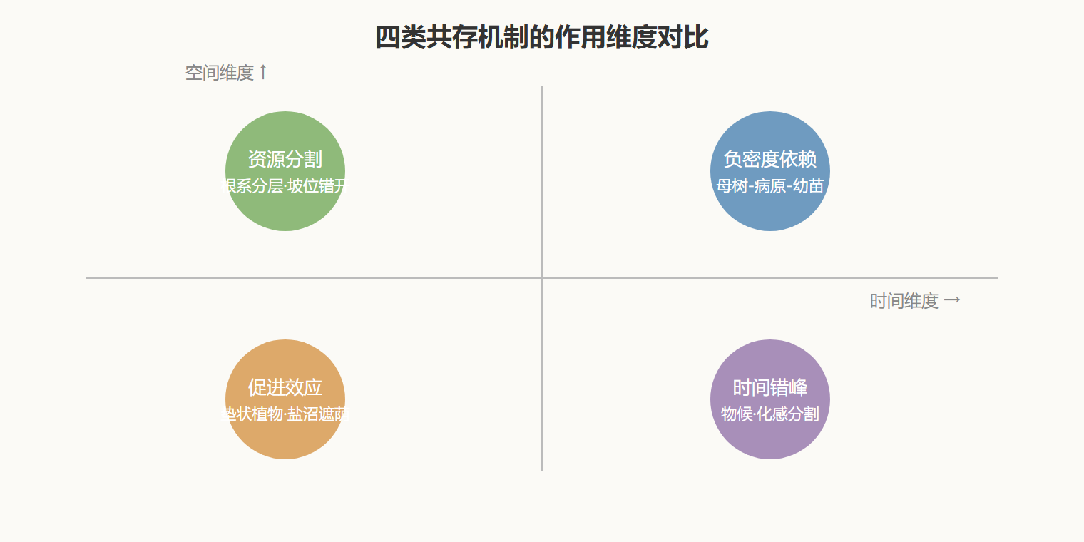 图 四类共存机制的作用维度对比