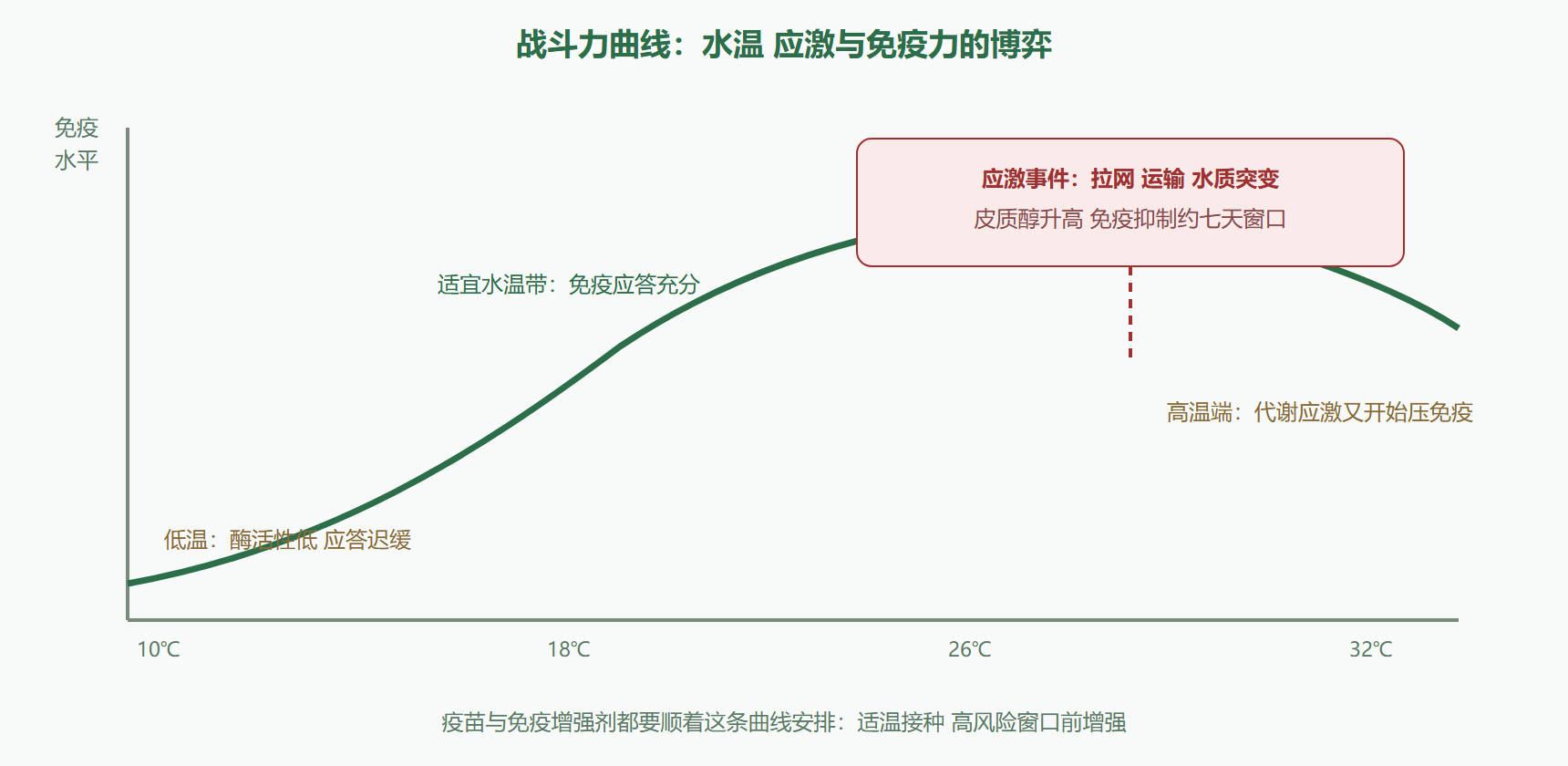 图:免疫应答与水温、应激的关系示意