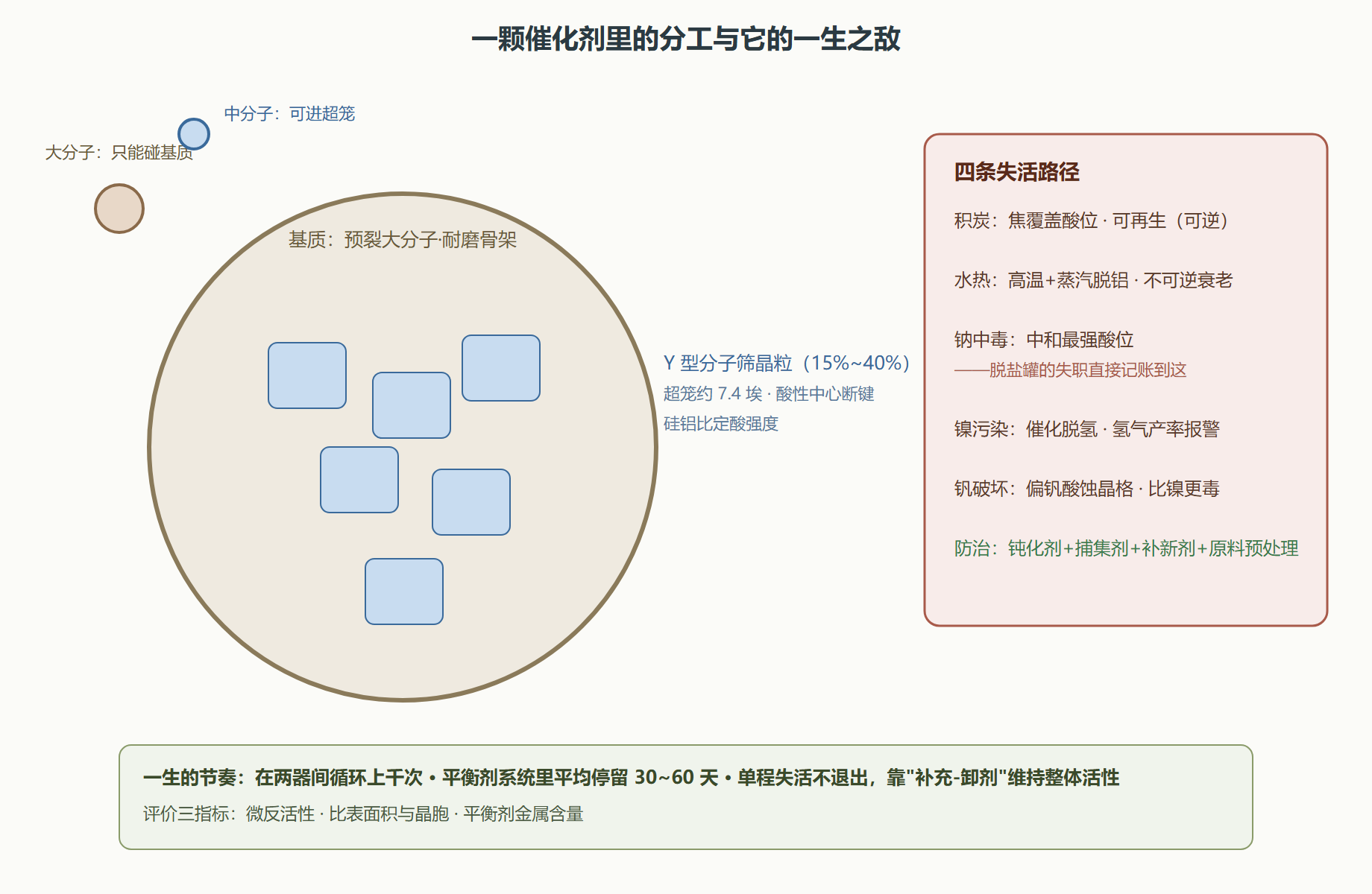 图:FCC 催化剂颗粒的功能分区与失活路径
