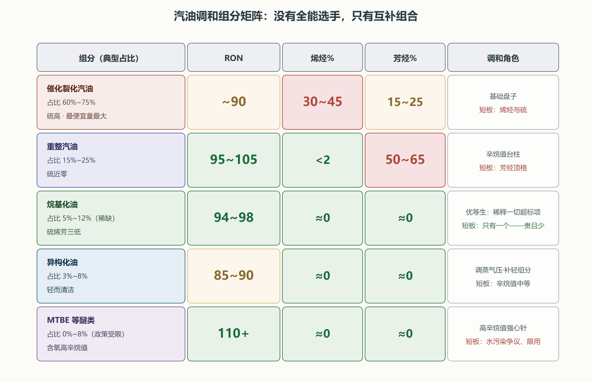 图:汽油调和组分矩阵——长短板一目了然