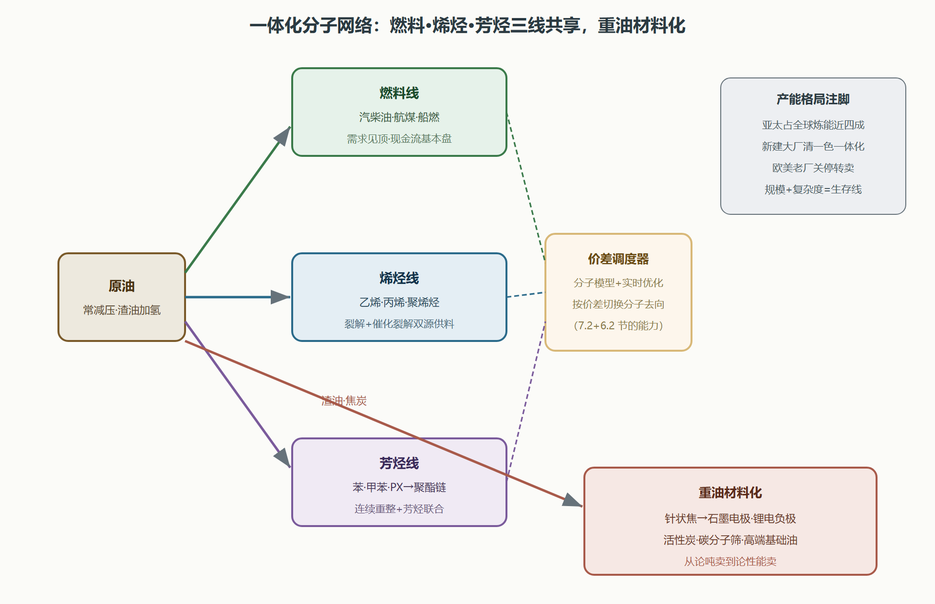 图:一体化分子网络——三条产品线与重油材料化的走向