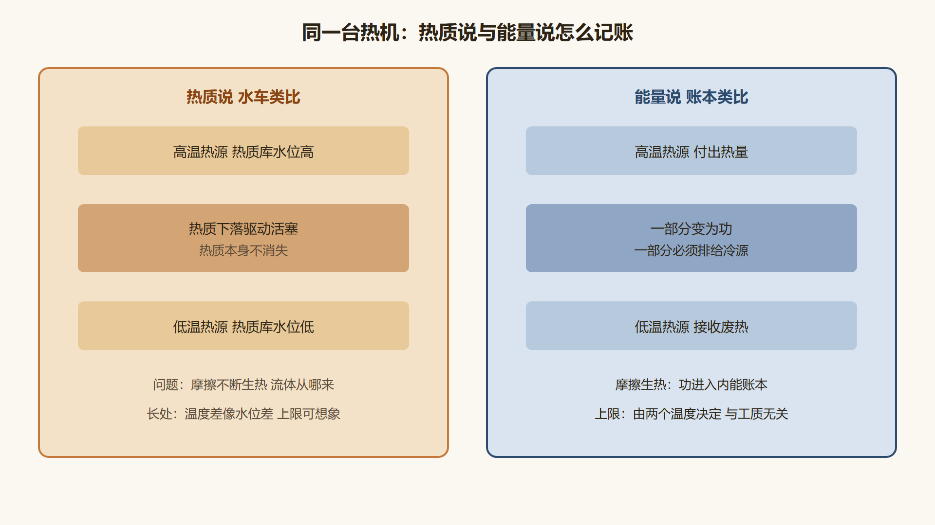 图 热质说到热之运动:同一台热机两套说法