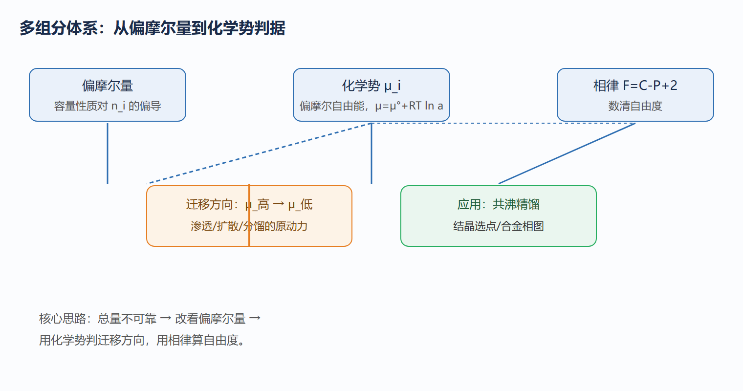 2.6 图:三组分体系中的化学势驱动与相律判据