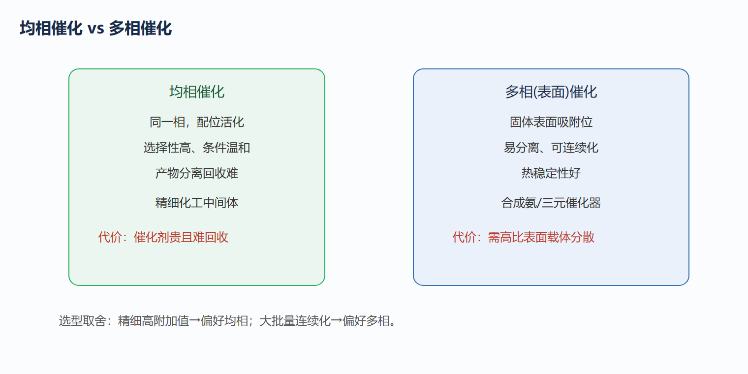 5.3 图：均相 vs 多相催化的关键维度对比