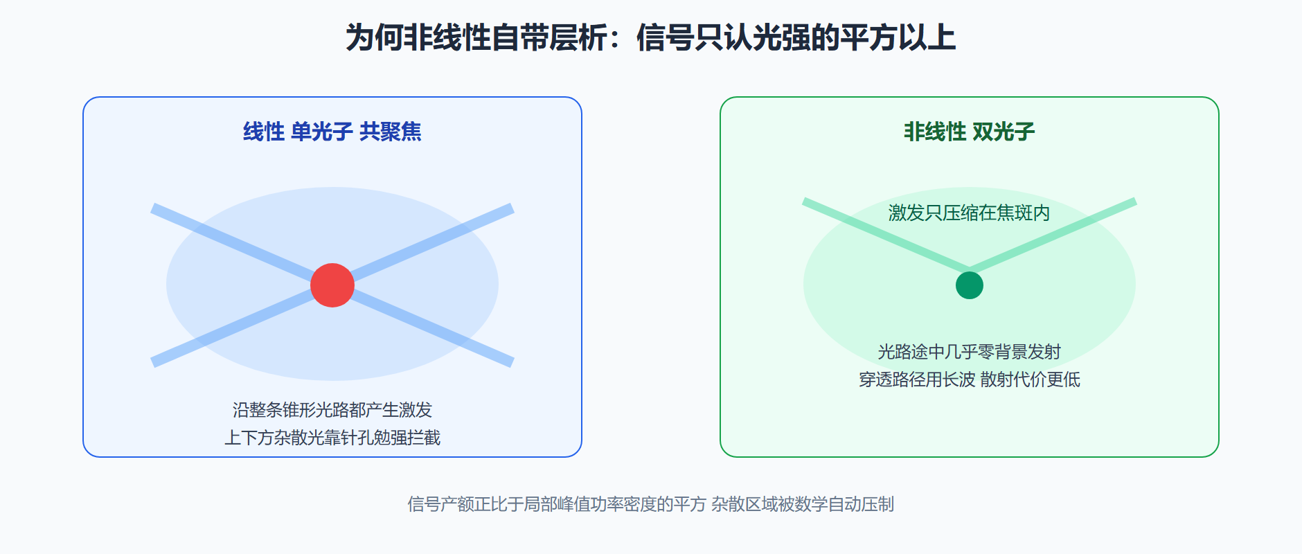 图 2-3 线性照明与非线性激发的焦点对比