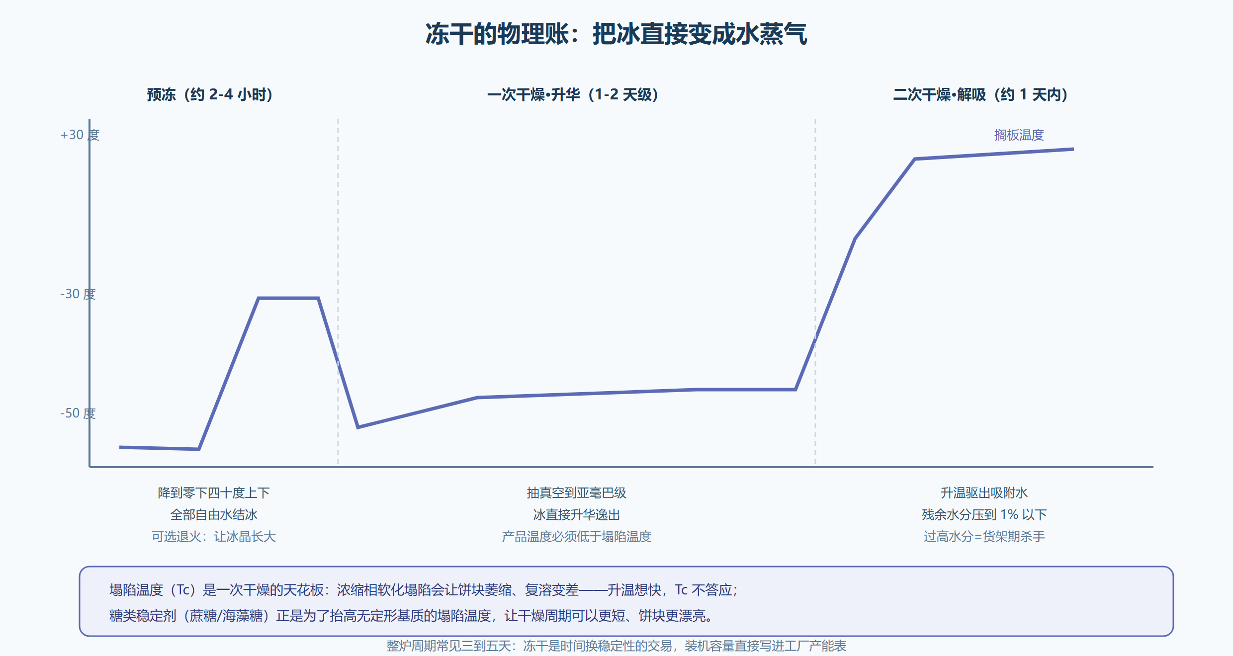 图:冻干工艺三阶段与温度窗口