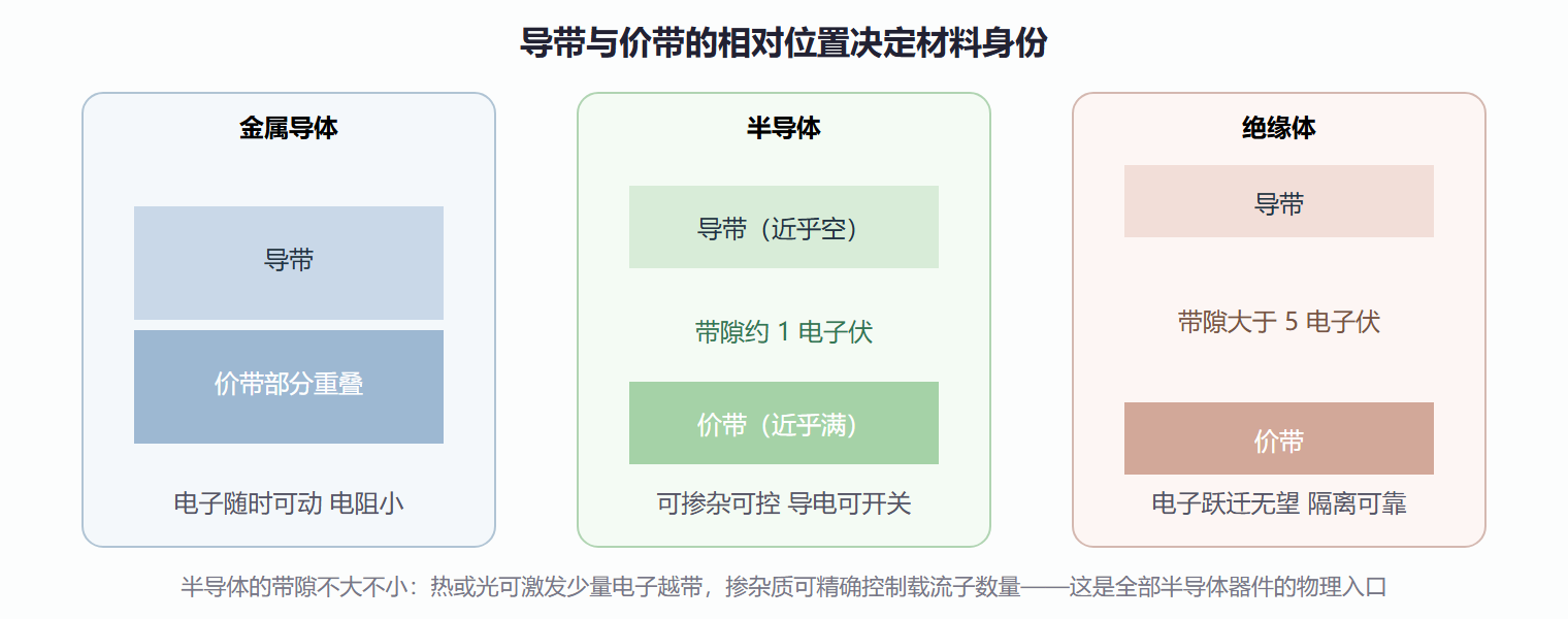 图 1.3-1 三类材料的能带图：带隙决定身份
