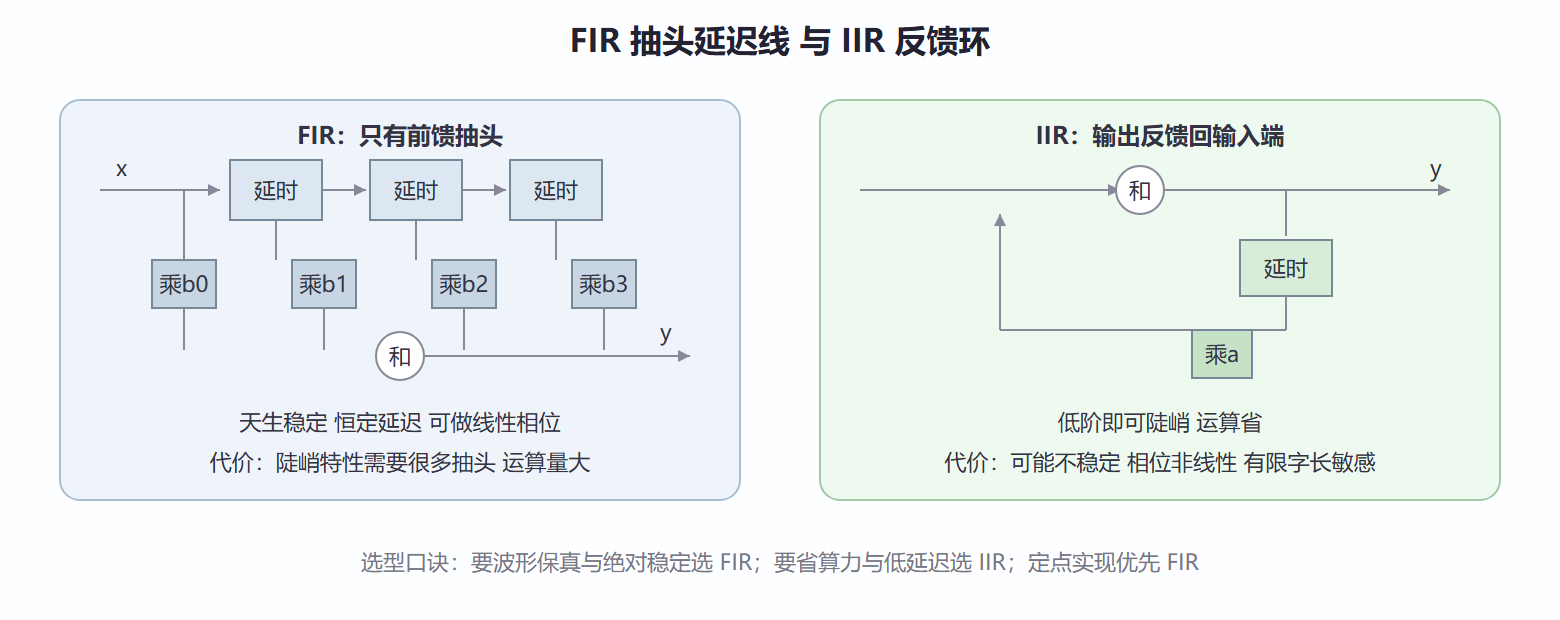 图 3.2-1 FIR 与 IIR：结构决定命运