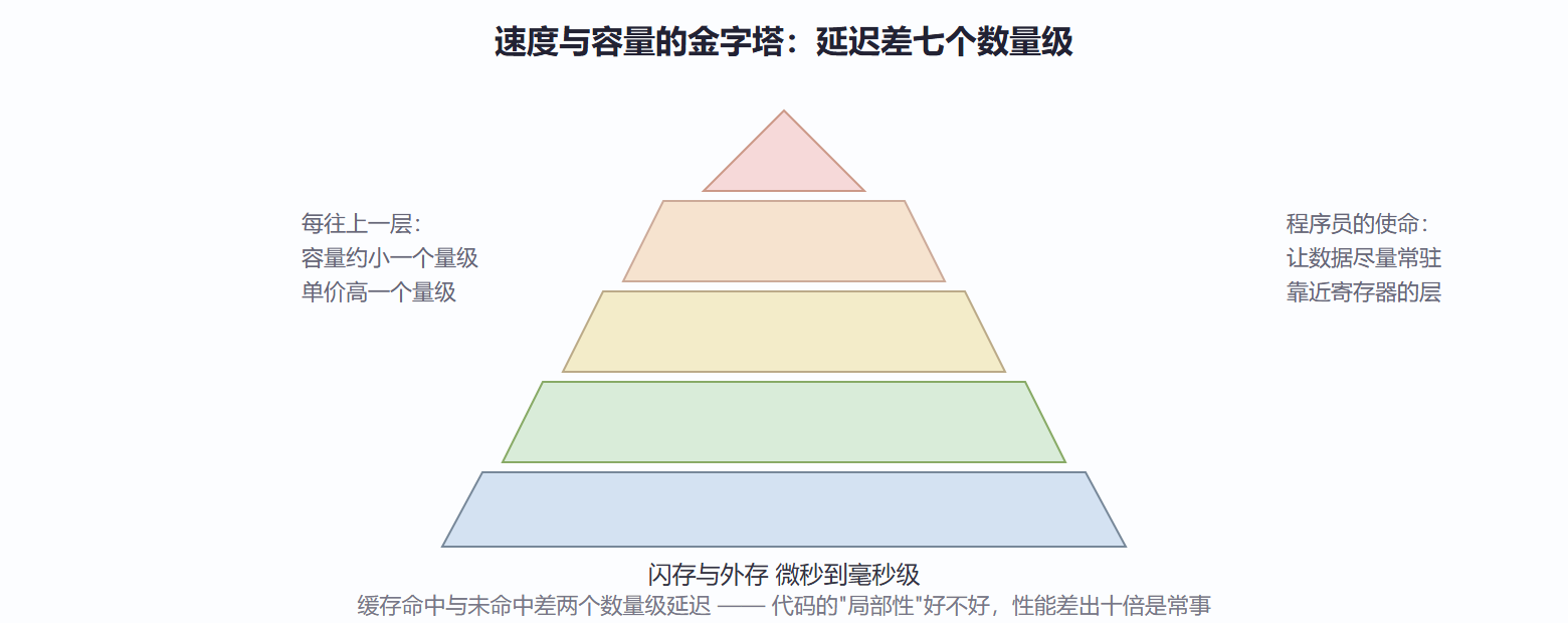 图 4.1-1 存储层次:越快越贵越少的金字塔