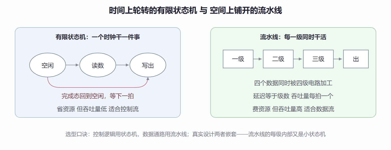 图 4.3-1 同一算法的两种实现范式：状态机 与 流水线
