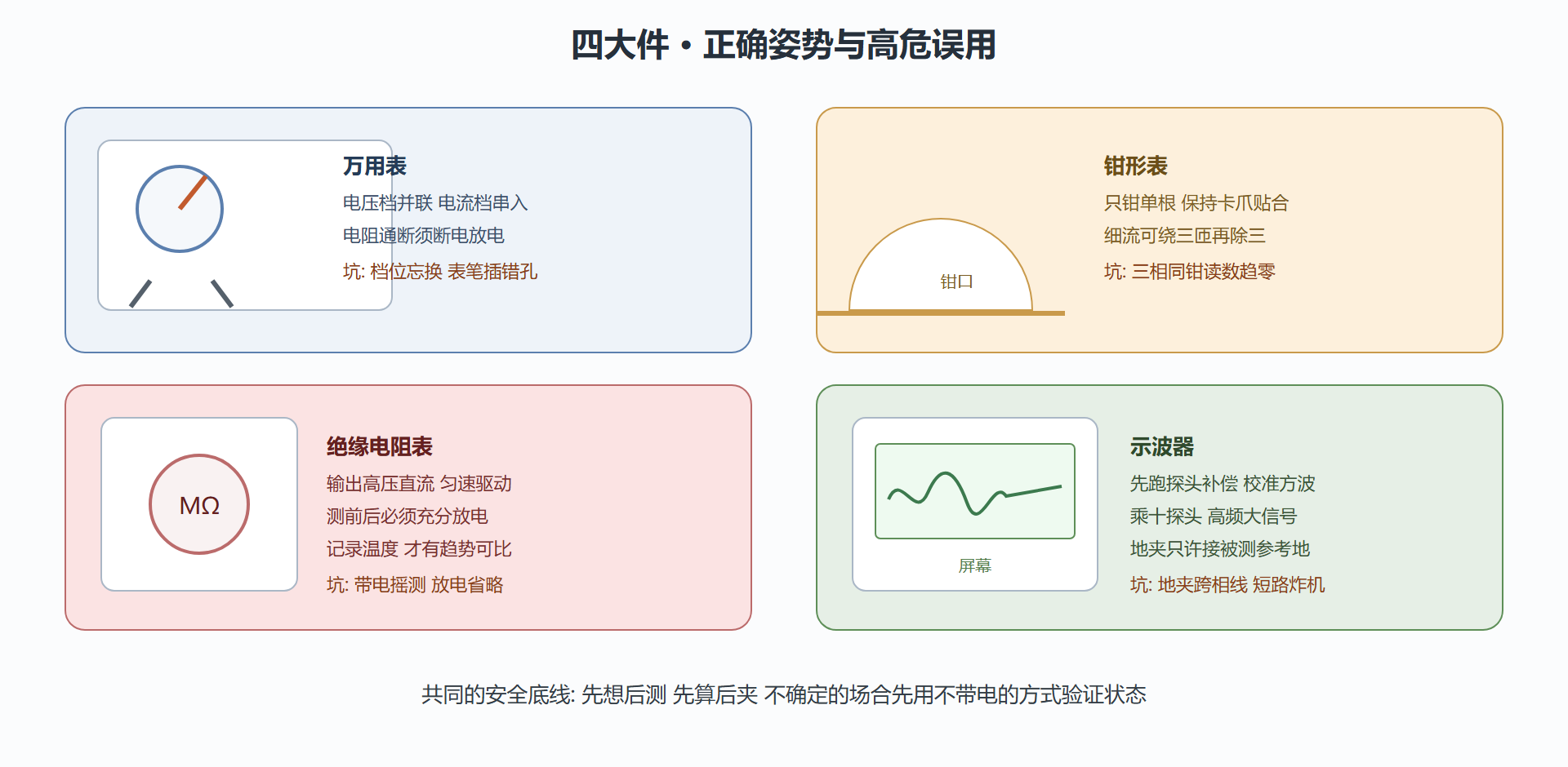 图:四件常用仪器的关键旋钮与陷阱标注