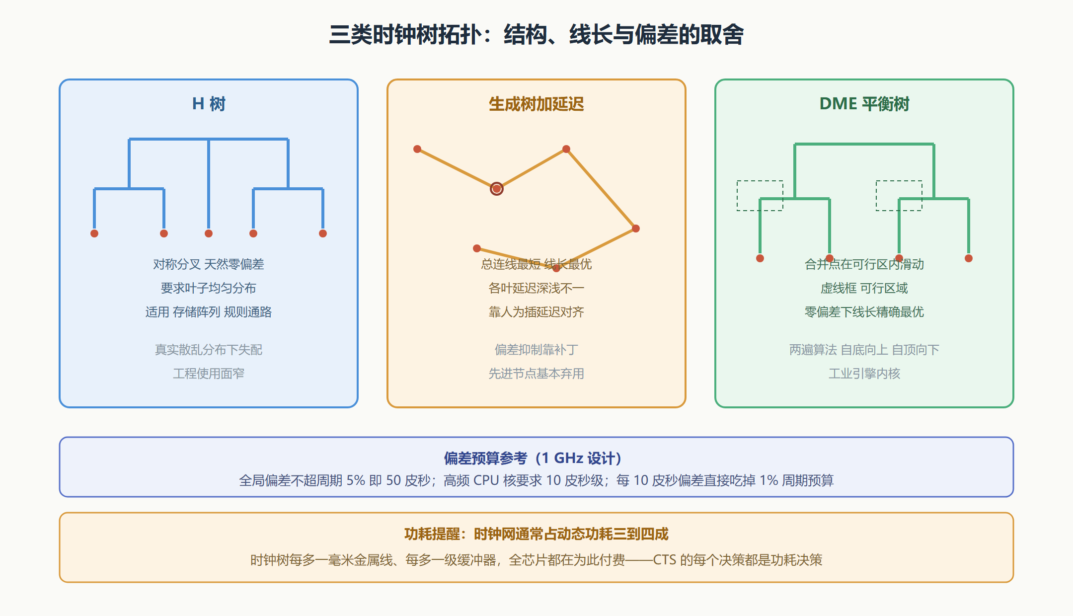 图:三类时钟树拓扑的结构与偏差对比