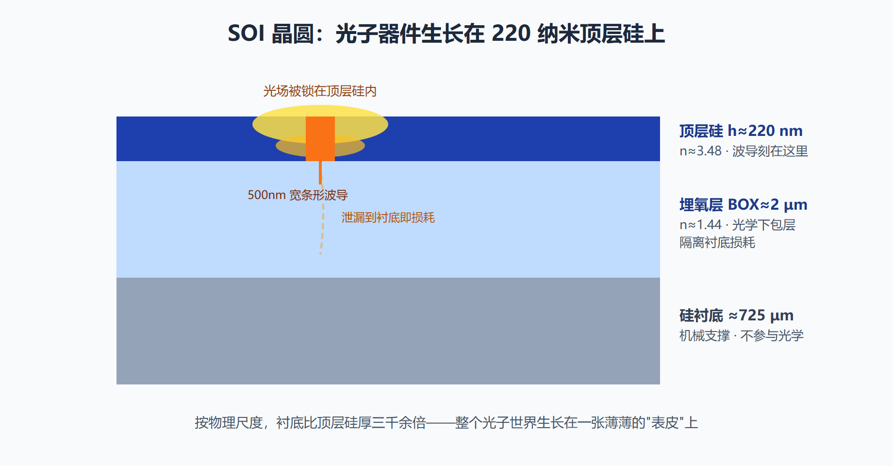 图:SOI 晶圆三层结构与光场约束
