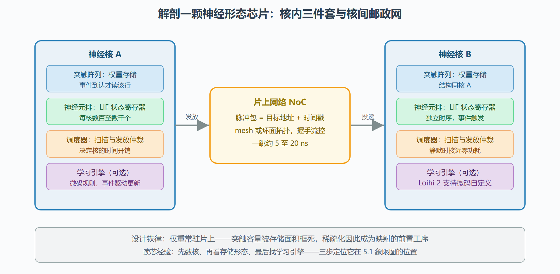图：神经核三部件与片上网络的组织关系