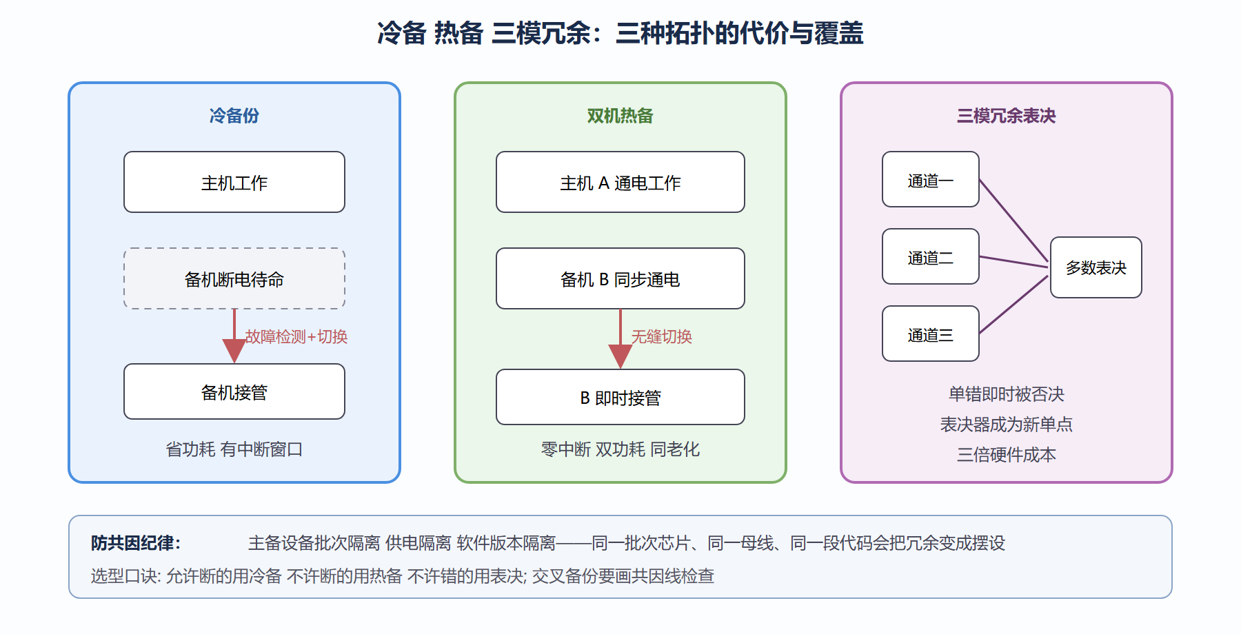 图：三种冗余拓扑与失效覆盖对比
