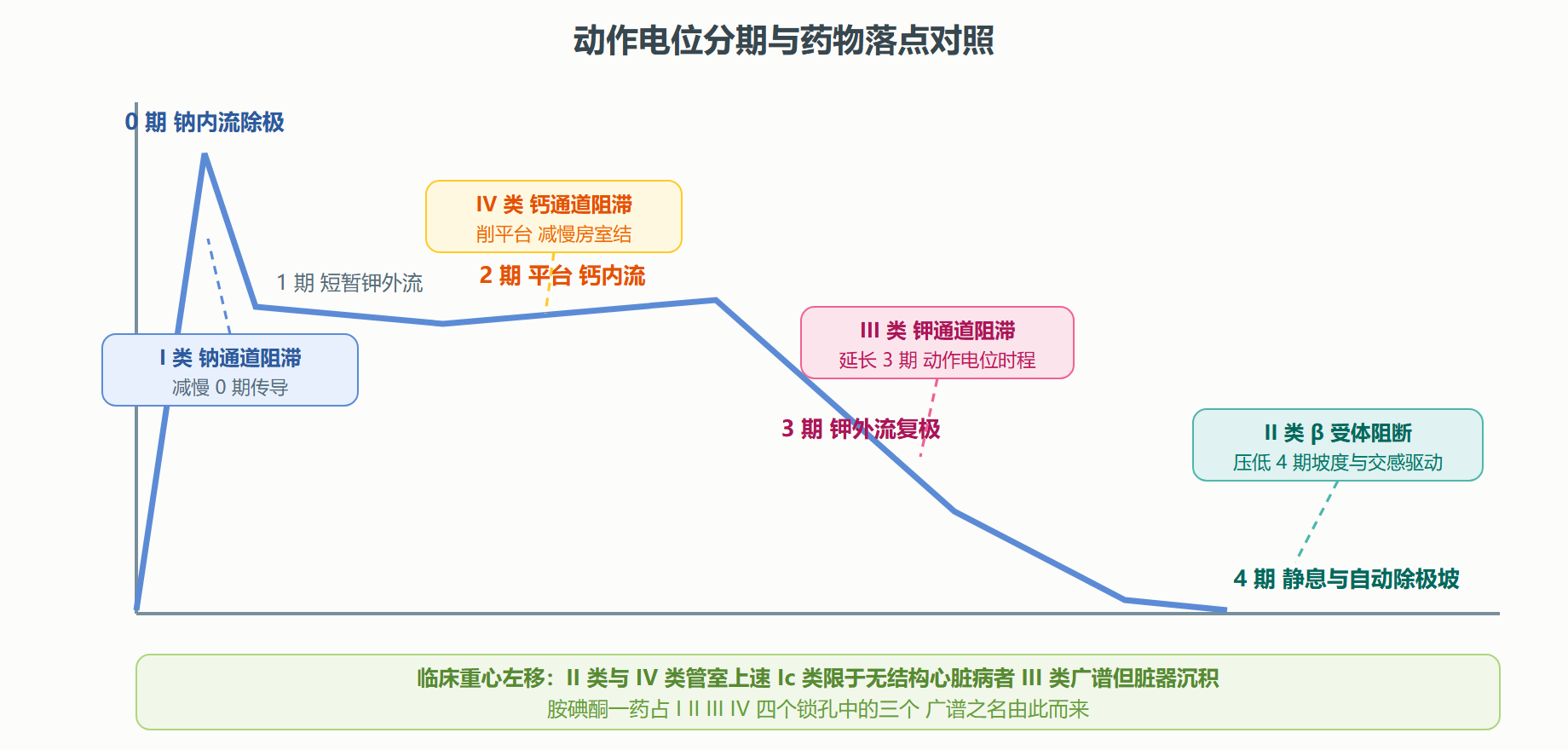 图 3-3 心肌动作电位分期与四类抗心律失常药的落点