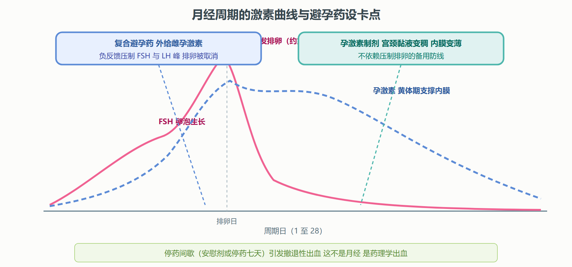 图 5-4 月经周期与避孕药的作用位点