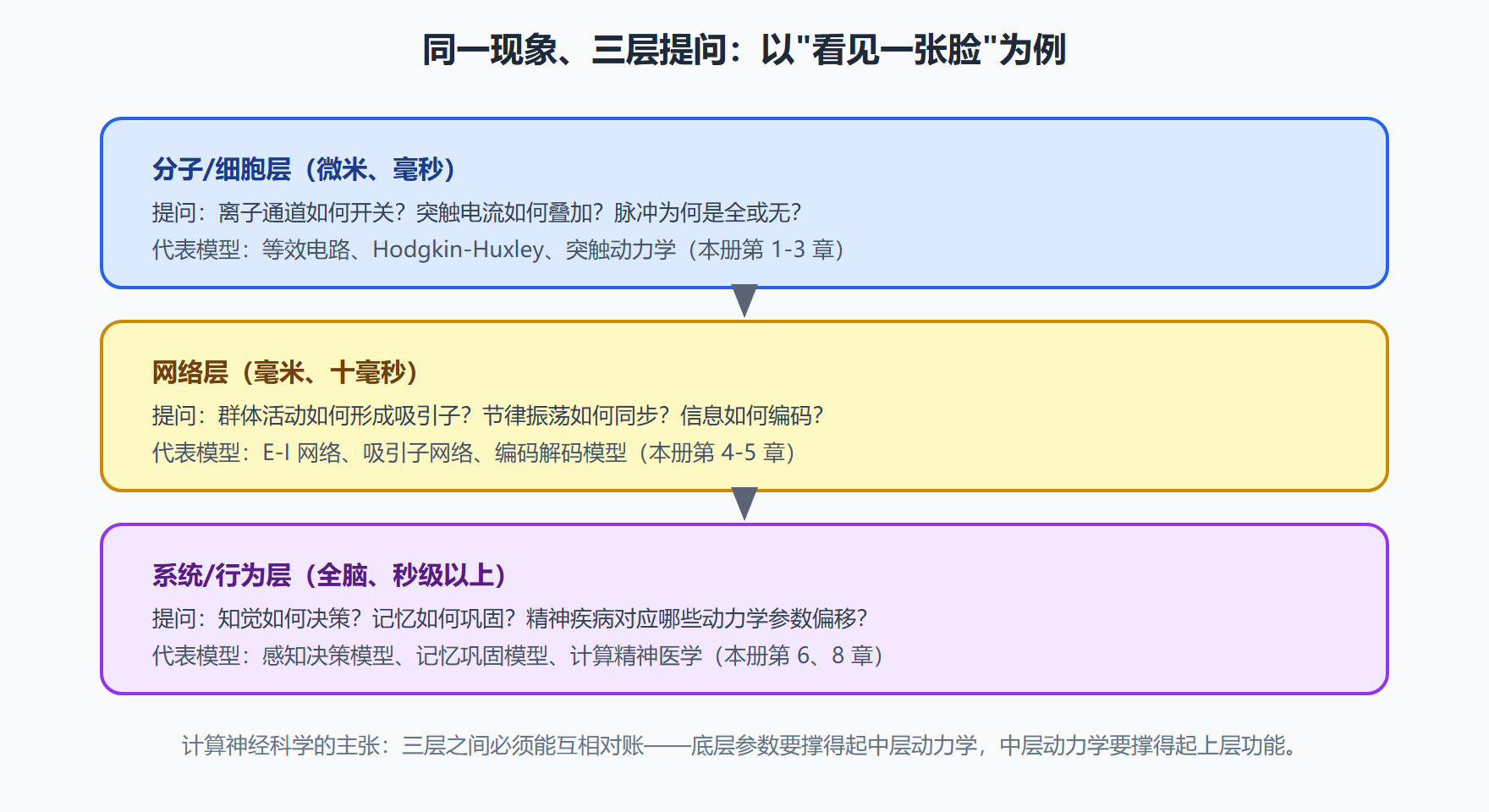 图：学科的三层解释尺度——同一现象在不同层级的提问方式