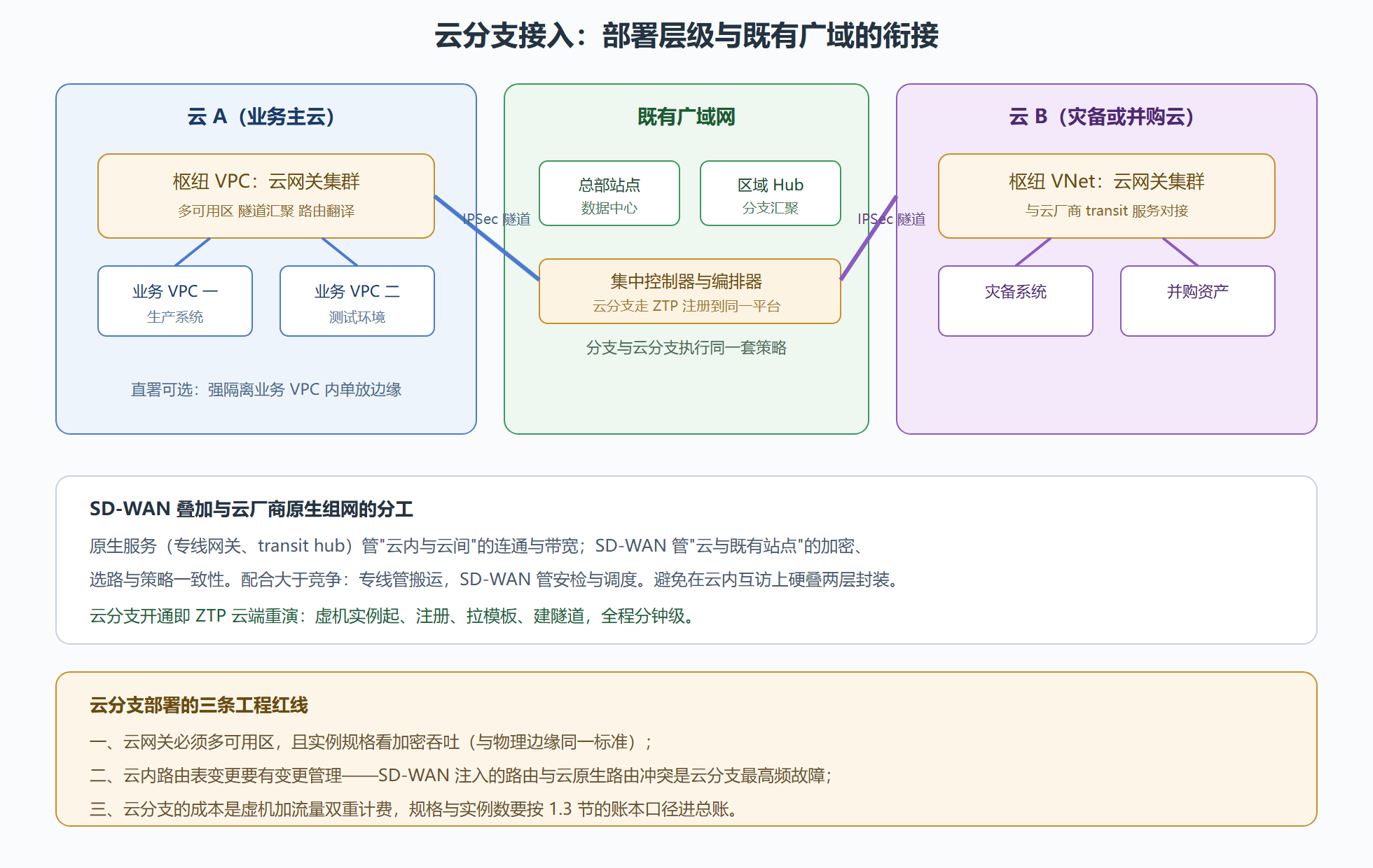 图：多云互联拓扑：云分支、云网关与既有广域的衔接
