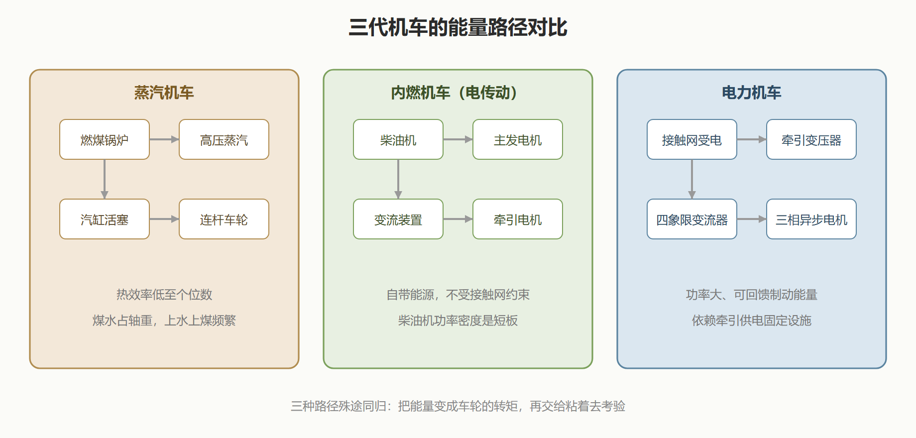 图 5 · 三种机车动力方式的能量路径