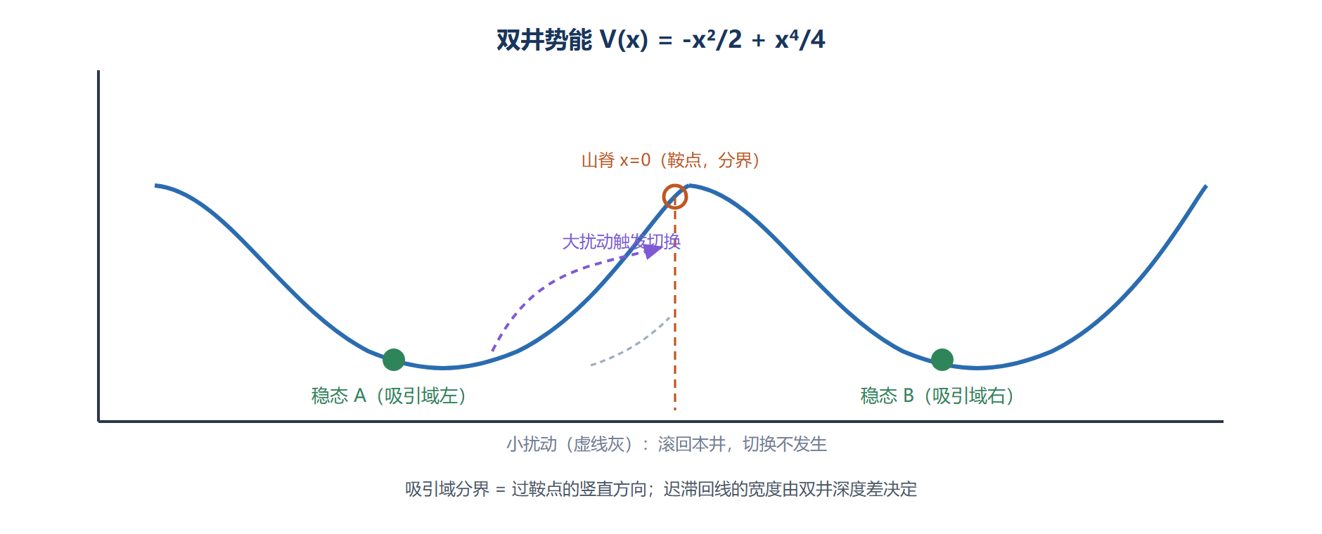 图:双稳态势阱与状态切换